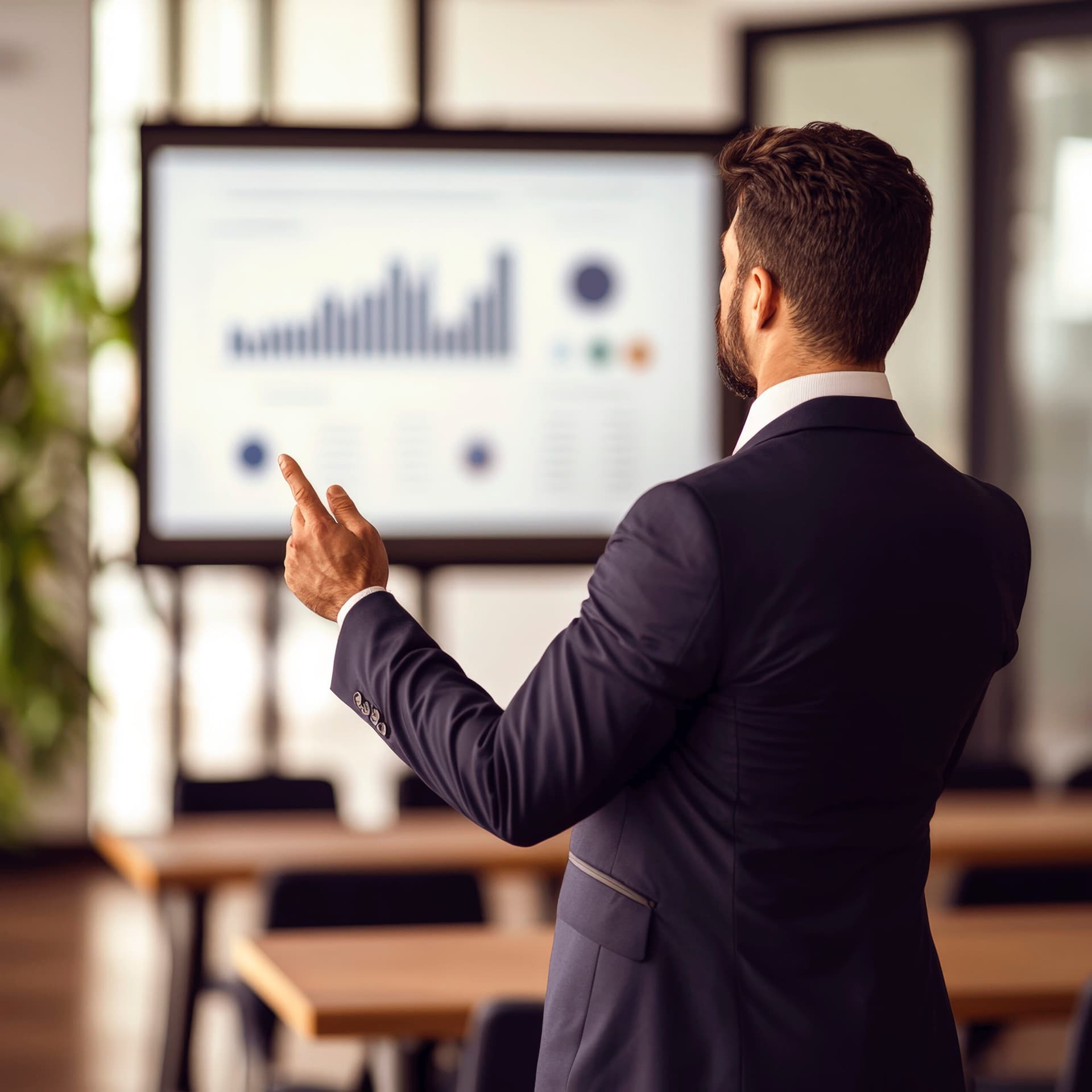 Businessman in suit presenting to investors in front of large sc